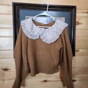 Zara Tan Sweater with Floral Collar